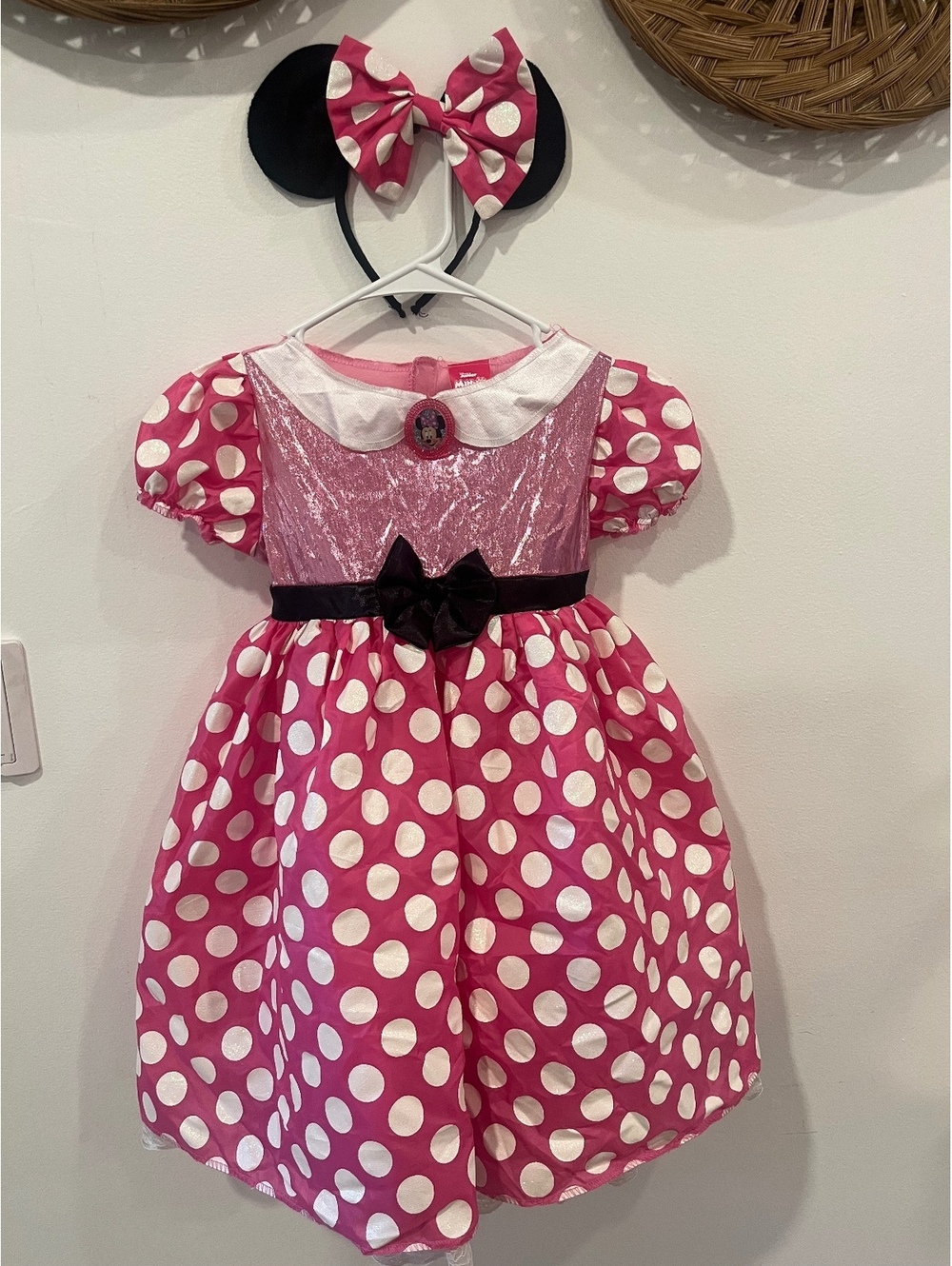 Disney Junior Minnie Mouse Pink Polka Dot Dress with Velvet Bodice and MatchingE